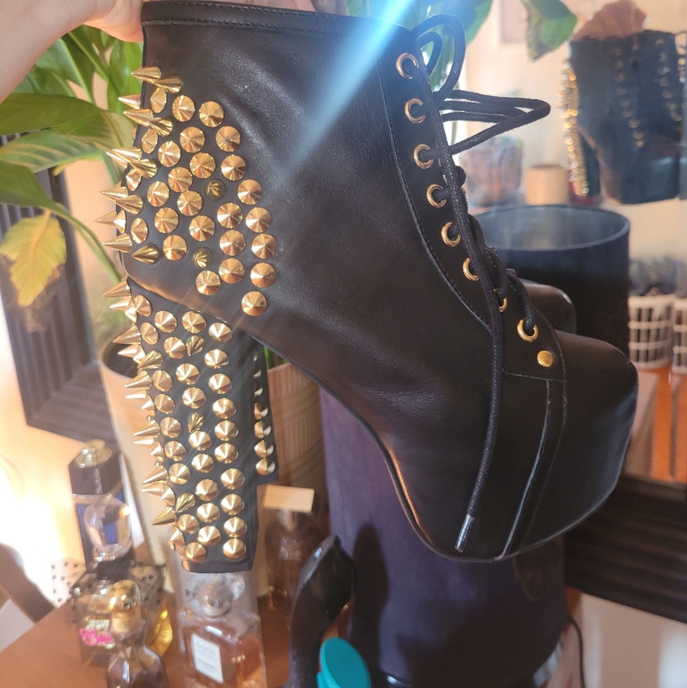 Jeffrey Campbell LITA Black Leather Gold Spikes Booties Size 6 - Picture 5 of 13